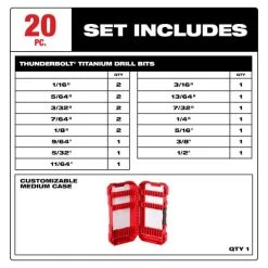 Milwaukee Tools Milwaukee THUNDERBOLT® Titanium Drill Bit Set – 20PC 48-89-1105 8 Milwaukee Tools Milwaukee THUNDERBOLT® Titanium Drill Bit Set – 20PC 48-89-1105 -Sumner Outlet shop 48 89 1105 set includes