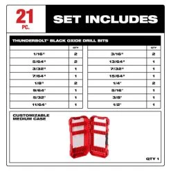 Milwaukee Tools Milwaukee THUNDERBOLT® Black Oxide Drill Bit Set - 21PC 48-89-2801 8 Milwaukee Tools Milwaukee THUNDERBOLT® Black Oxide Drill Bit Set - 21PC 48-89-2801 -Sumner Outlet shop 48 89 2801 set includes
