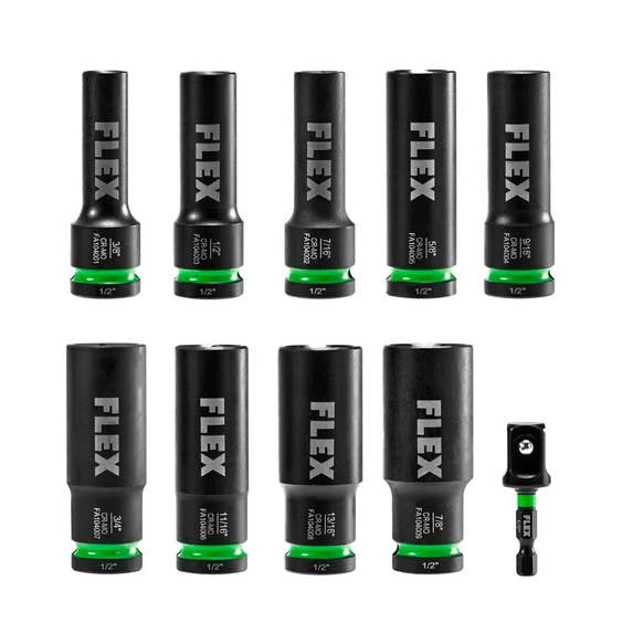 Flex Power Tools FLEX 10-Piece Thin Wall Deep Well 6-Point 1/2" Drive Impact Nut Socket Set FAM10401-10 - Image 2