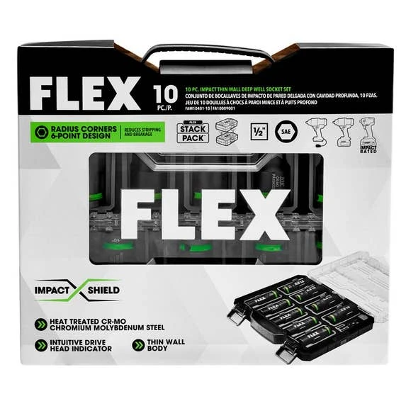 Flex Power Tools FLEX 10-Piece Thin Wall Deep Well 6-Point 1/2" Drive Impact Nut Socket Set FAM10401-10 - Image 4