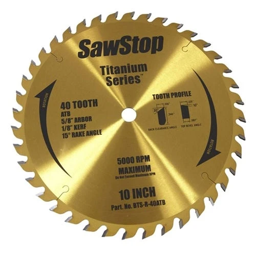 Sawstop Table Saws SawStop 10" 40-Tooth Titanium Series Woodworking Table Saw Blade BTS-R-40ATB